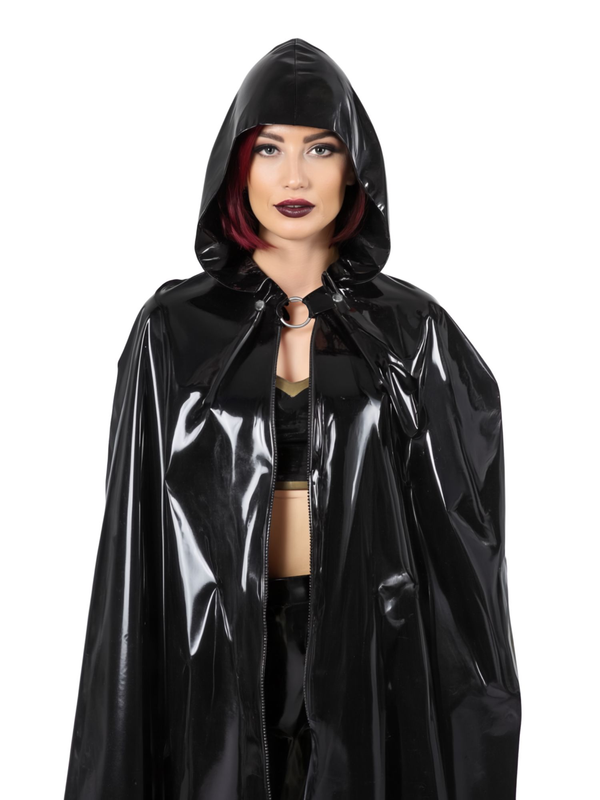 Langer schwarzer Kapuzenumhang aus Latex
