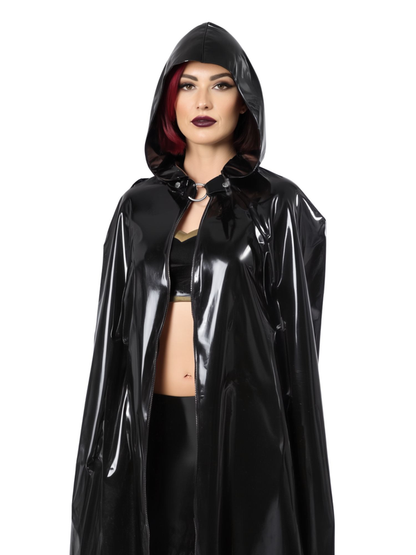 Langer schwarzer Kapuzenumhang aus Latex