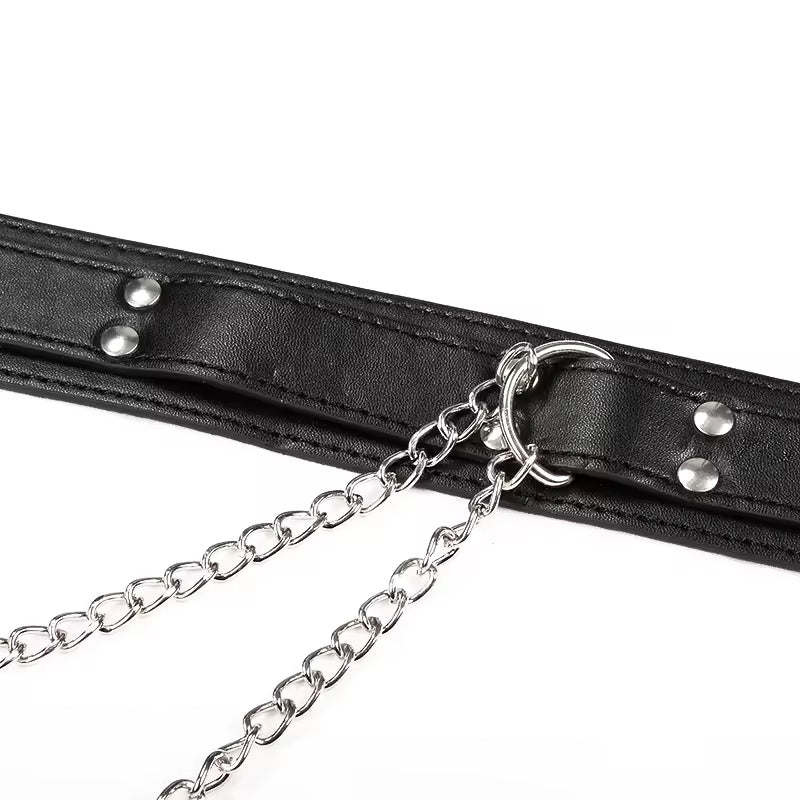 Wholesale Leather Bondage Collar with Nipple Clips Black Front Details