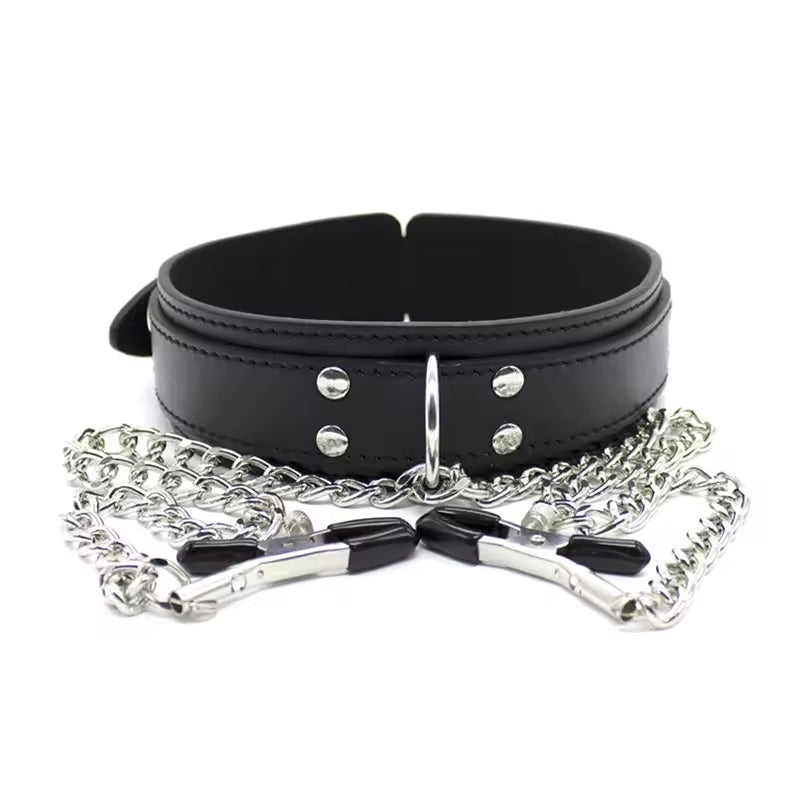 Wholesale Leather Bondage Collar with Nipple Clips-11
