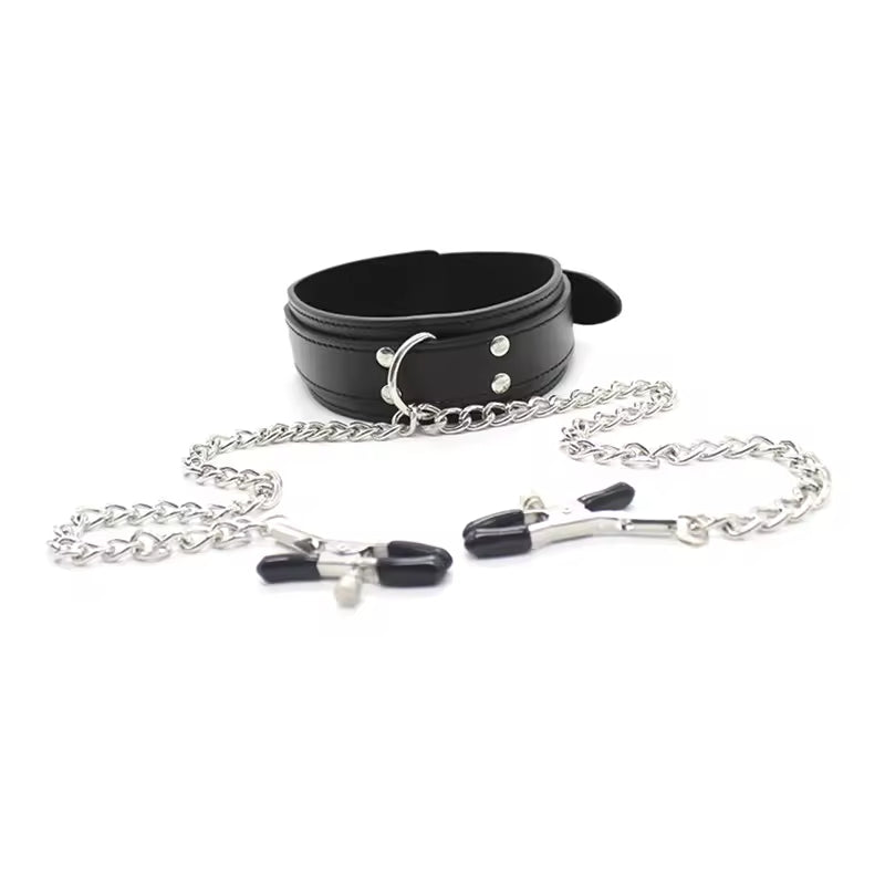 Wholesale Leather Bondage Collar with Nipple Clips-9