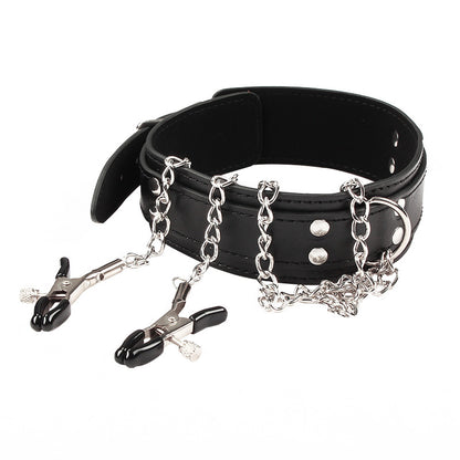 Wholesale Leather Bondage Collar with Nipple Clips Black