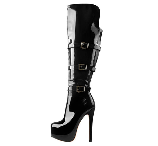 Commando Leather Platform Pointed Toe Knee High Boots