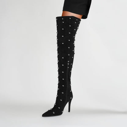 Pointed Toe Bead Rivet Knee High Boots