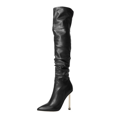 Sexy Pointed Toe Black Ruched Knee High Boots